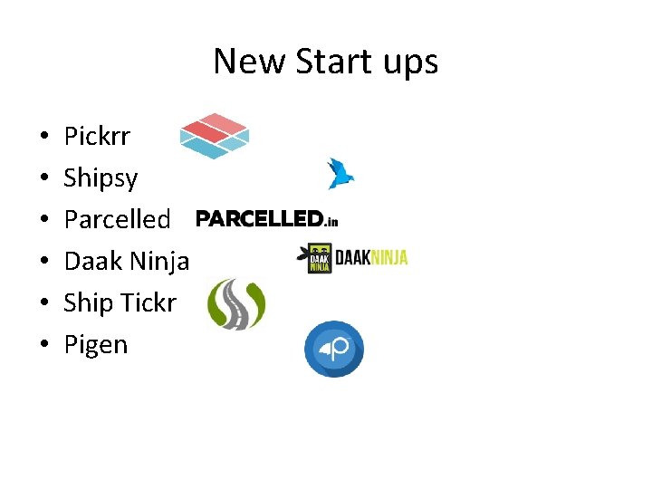 New Start ups • • • Pickrr Shipsy Parcelled Daak Ninja Ship Tickr Pigen