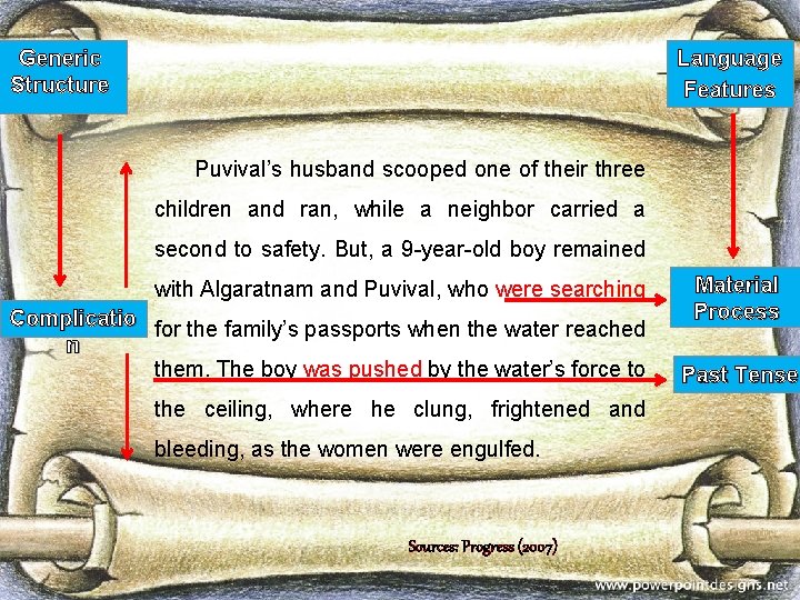 Generic Structure Language Features Puvival’s husband scooped one of their three children and ran,