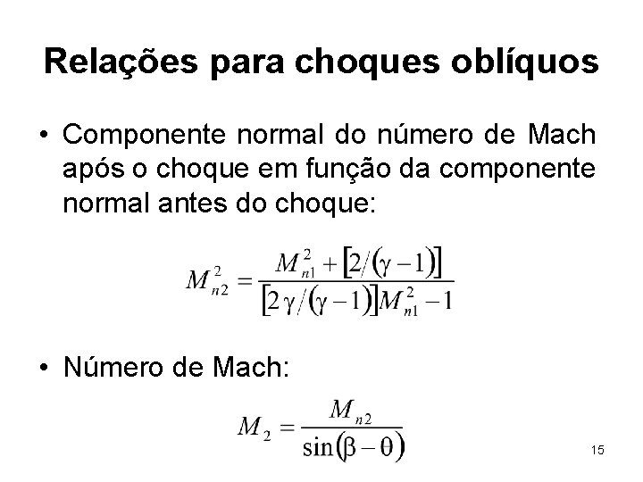 Relações para choques oblíquos • Componente normal do número de Mach após o choque