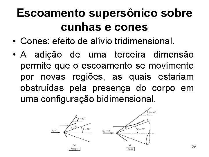 Escoamento supersônico sobre cunhas e cones • Cones: efeito de alívio tridimensional. • A