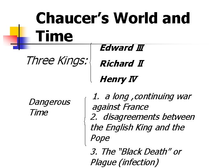 Chaucer’s World and Time Three Kings: Edward Ⅲ Richard Ⅱ Henry Ⅳ Dangerous Time