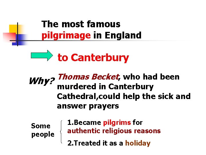 The most famous pilgrimage in England to Canterbury Why? Some people Thomas Becket, who