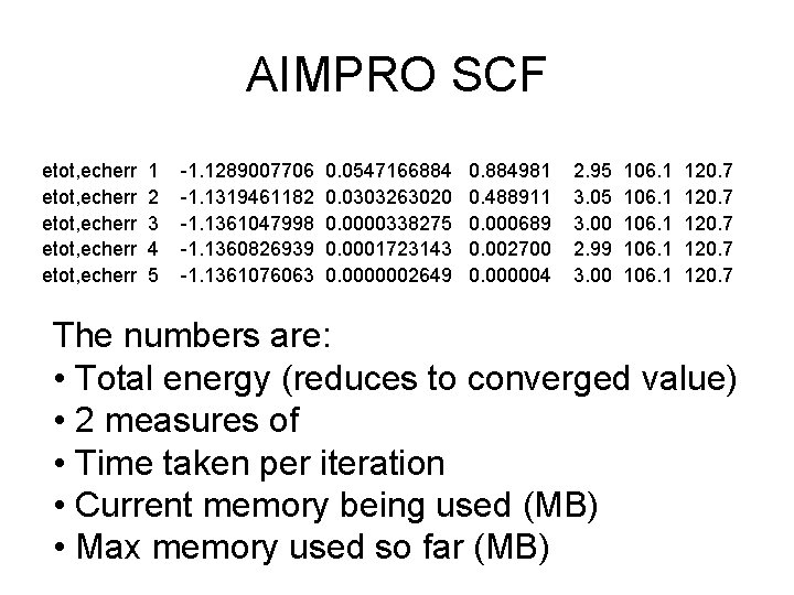 AIMPRO SCF etot, echerr etot, echerr 1 2 3 4 5 -1. 1289007706 -1.