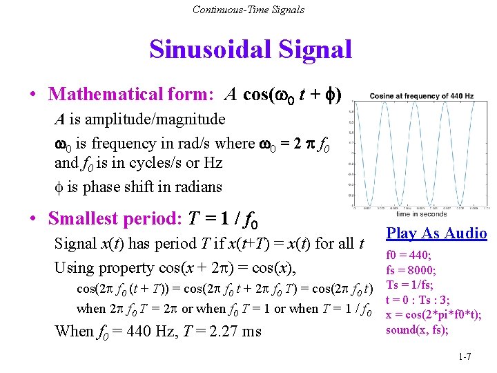 Continuous-Time Signals Sinusoidal Signal • Mathematical form: A cos(w 0 t + f) A