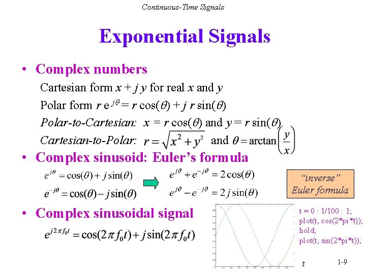 Continuous-Time Signals Exponential Signals • Complex numbers Cartesian form x + j y for
