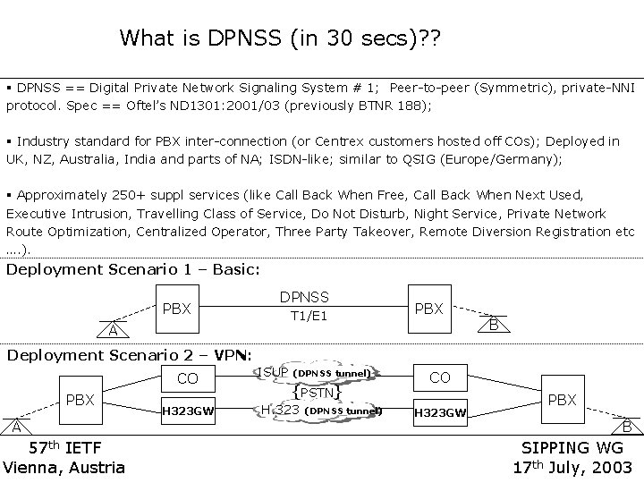 What is DPNSS (in 30 secs)? ? § DPNSS == Digital Private Network Signaling What is DPNSS (in 30 secs)? ? § DPNSS == Digital Private Network Signaling