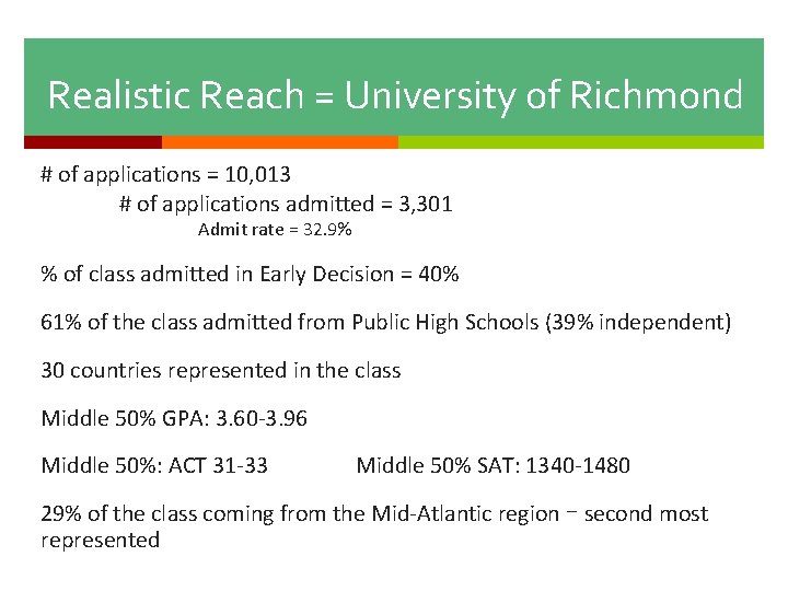 Realistic Reach = University of Richmond # of applications = 10, 013 # of