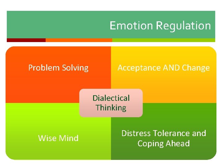 Emotion Regulation Problem Solving Acceptance AND Change Dialectical Thinking Wise Mind Distress Tolerance and