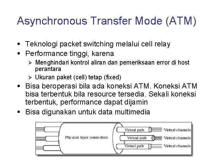 Asynchronous Transfer Mode (ATM) § Teknologi packet switching melalui cell relay § Performance tinggi,