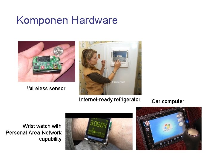 Komponen Hardware Wireless sensor Internet-ready refrigerator Wrist watch with Personal-Area-Network capability Car computer 