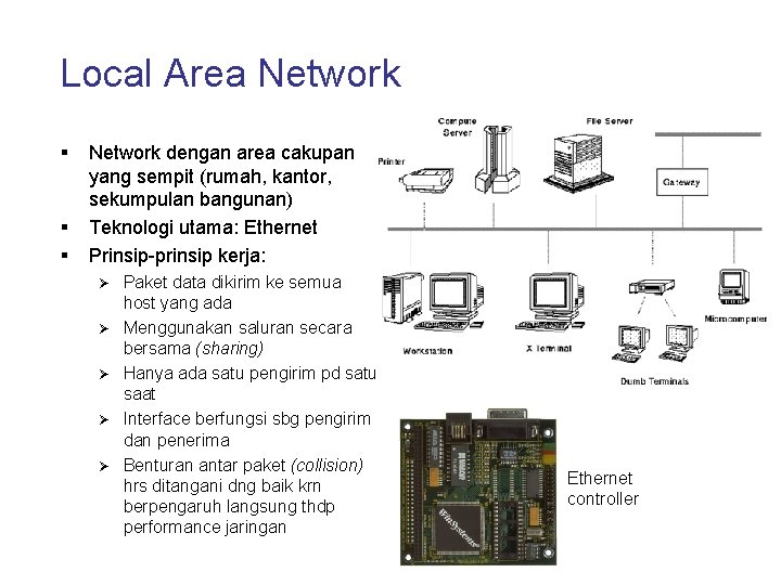 Local Area Network § § § Network dengan area cakupan yang sempit (rumah, kantor,