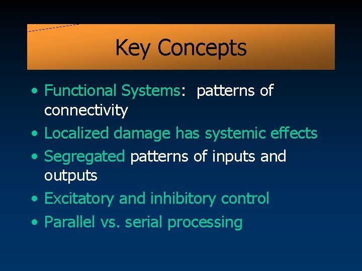 Key Concepts • Functional Systems: patterns of connectivity • Localized damage has systemic effects