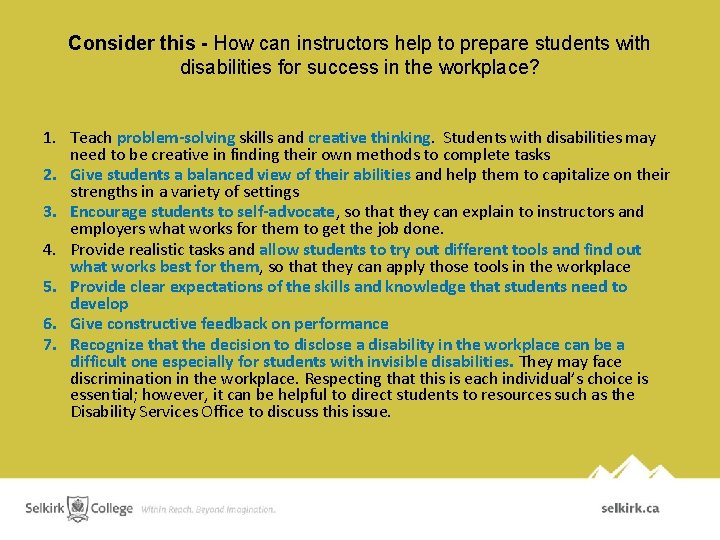 Consider this - How can instructors help to prepare students with disabilities for success