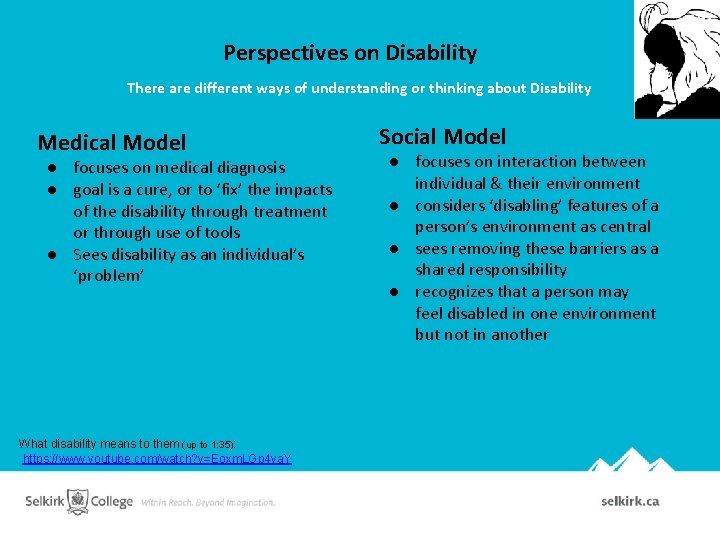 Perspectives on Disability There are different ways of understanding or thinking about Disability Medical