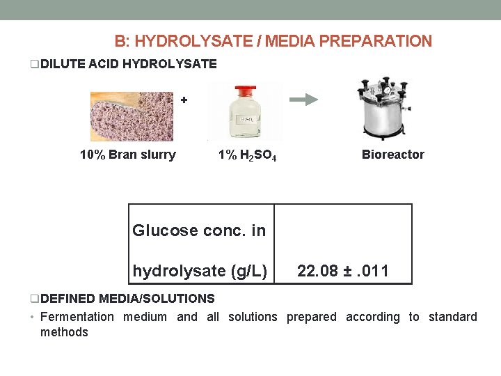 B: HYDROLYSATE / MEDIA PREPARATION q. DILUTE ACID HYDROLYSATE + 10% Bran slurry 1%
