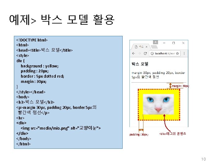 예제> 박스 모델 활용 <!DOCTYPE html> <head><title>박스 모델</title> <style> div { background : yellow;