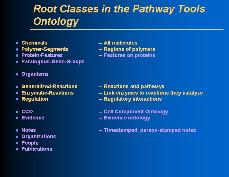 Root Classes in the Pathway Tools Ontology l Chemicals Polymer-Segments Protein-Features Paralogous-Gene-Groups l Organisms