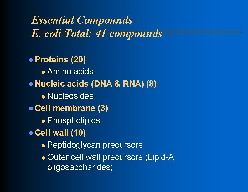 Essential Compounds E. coli Total: 41 compounds l Proteins (20) l Amino acids l