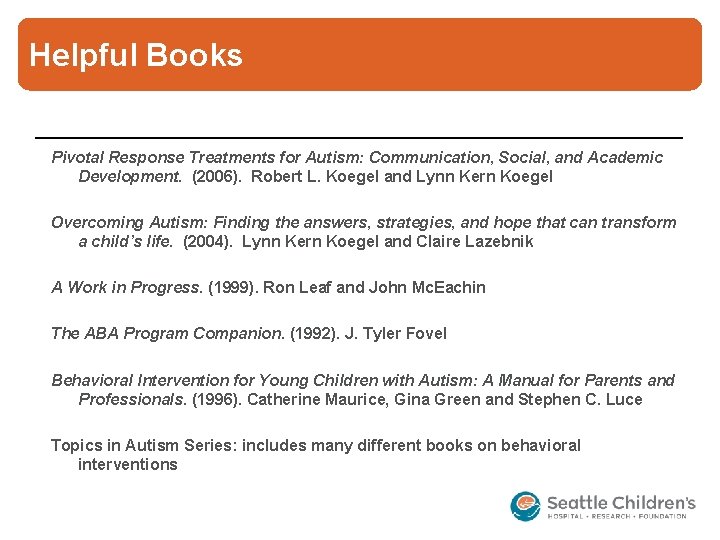 Helpful Books Pivotal Response Treatments for Autism: Communication, Social, and Academic Development. (2006). Robert