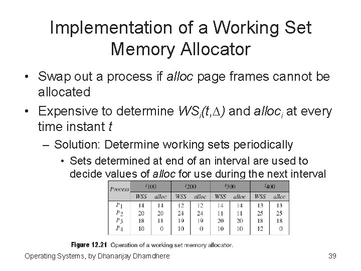 Implementation of a Working Set Memory Allocator • Swap out a process if alloc