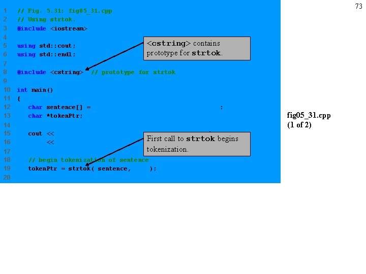 73 1 2 3 // Fig. 5. 31: fig 05_31. cpp // Using strtok.