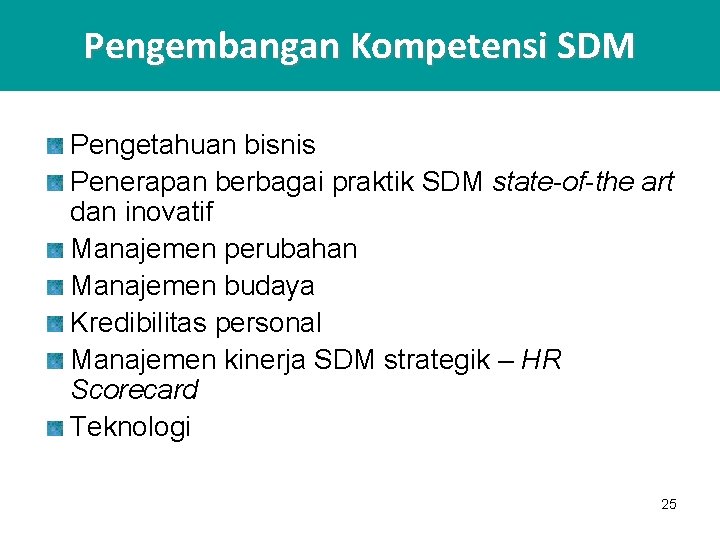 Pengembangan Kompetensi SDM Pengetahuan bisnis Penerapan berbagai praktik SDM state-of-the art dan inovatif Manajemen