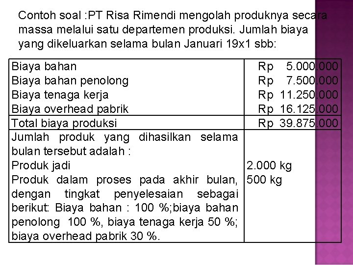 Contoh soal : PT Risa Rimendi mengolah produknya secara massa melalui satu departemen produksi.