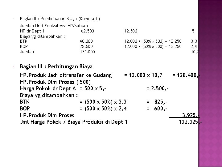  Bagian II : Pembebanan Biaya (Kumulatif) Jumlah Unit Equivalensi HP/satuan HP dr Dept