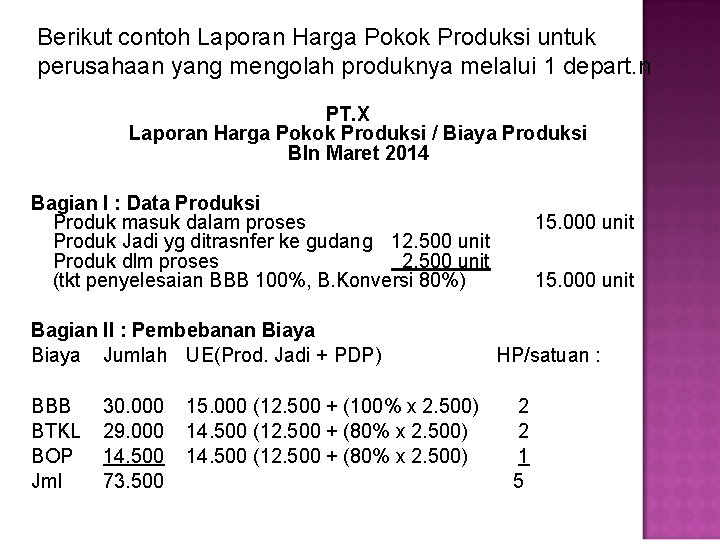 Berikut contoh Laporan Harga Pokok Produksi untuk perusahaan yang mengolah produknya melalui 1 depart.