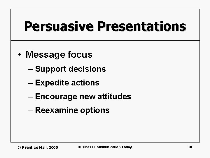Persuasive Presentations • Message focus – Support decisions – Expedite actions – Encourage new