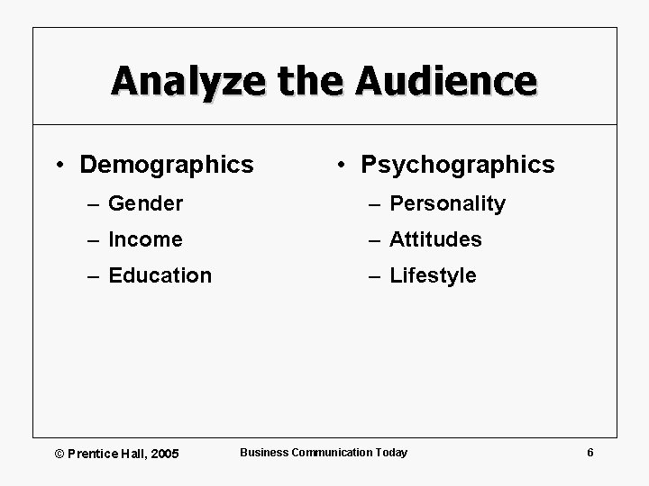 Analyze the Audience • Demographics • Psychographics – Gender – Personality – Income –