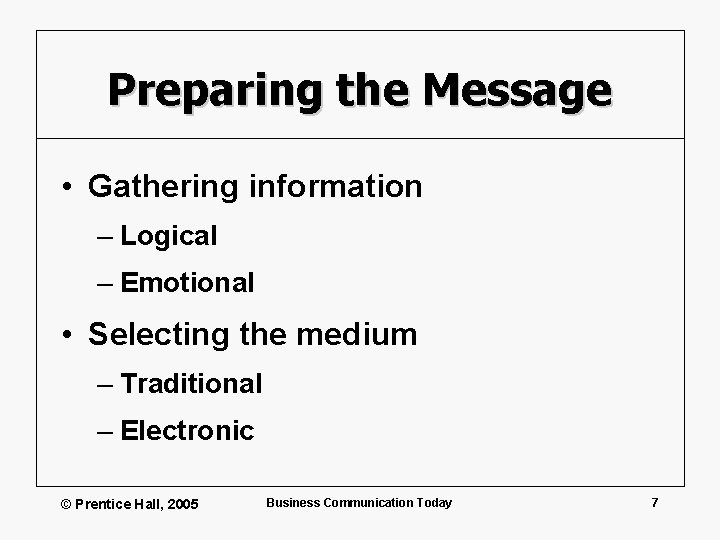 Preparing the Message • Gathering information – Logical – Emotional • Selecting the medium