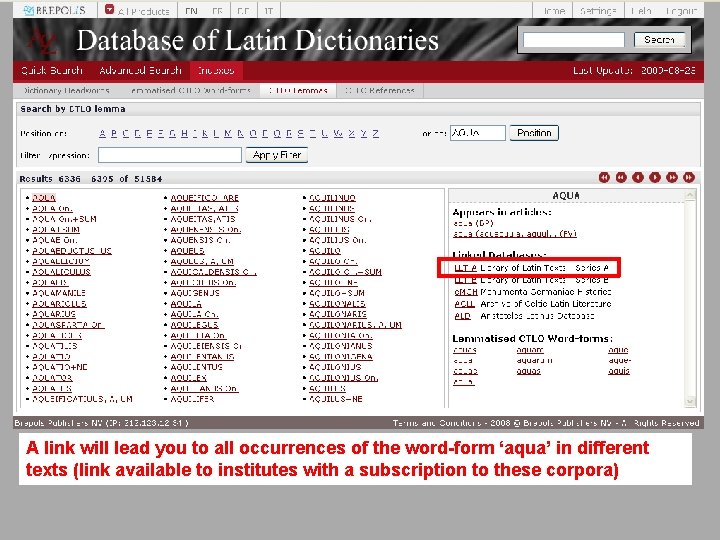 A link will lead you to all occurrences of the word-form ‘aqua’ in different