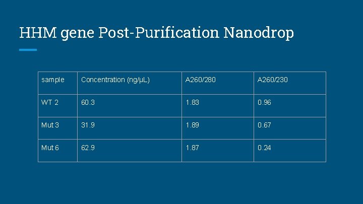 HHM gene Post-Purification Nanodrop sample Concentration (ng/µL) A 260/280 A 260/230 WT 2 60.