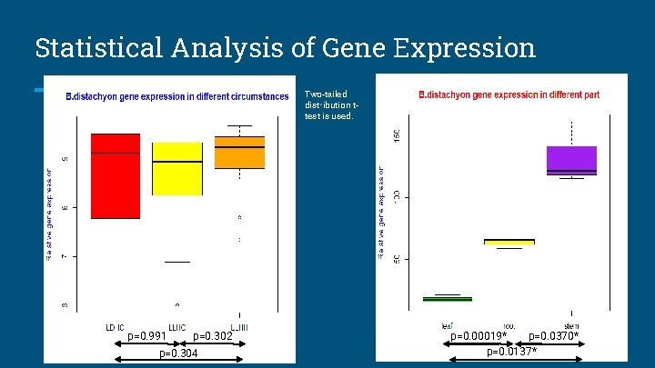 Statistical Analysis of Gene Expression Two-tailed distribution ttest is used. p=0. 991 p=0. 302