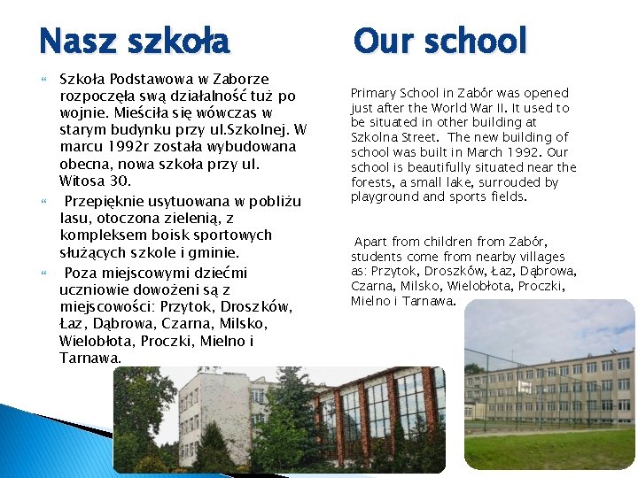 Nasz szkoła Szkoła Podstawowa w Zaborze rozpoczęła swą działalność tuż po wojnie. Mieściła się