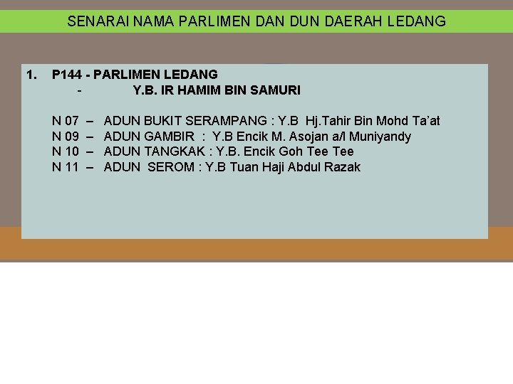 SENARAI NAMA PARLIMEN DAN DUN DAERAH LEDANG 1. P 144 - PARLIMEN LEDANG Y.