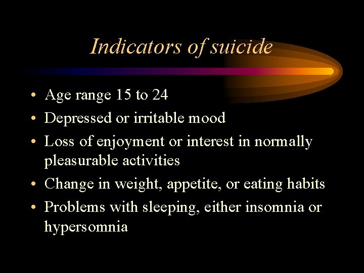 Indicators of suicide • Age range 15 to 24 • Depressed or irritable mood