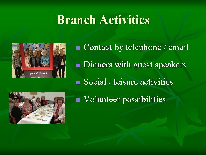 Branch Activities n Contact by telephone / email n Dinners with guest speakers n