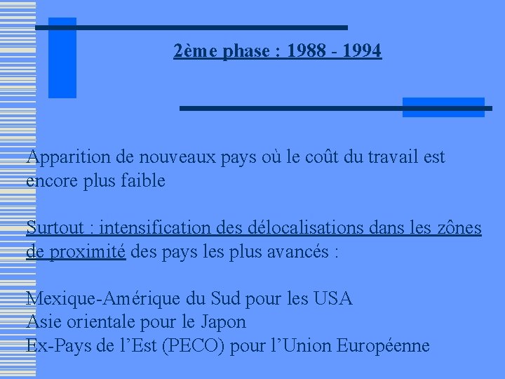 2ème phase : 1988 - 1994 Apparition de nouveaux pays où le coût du