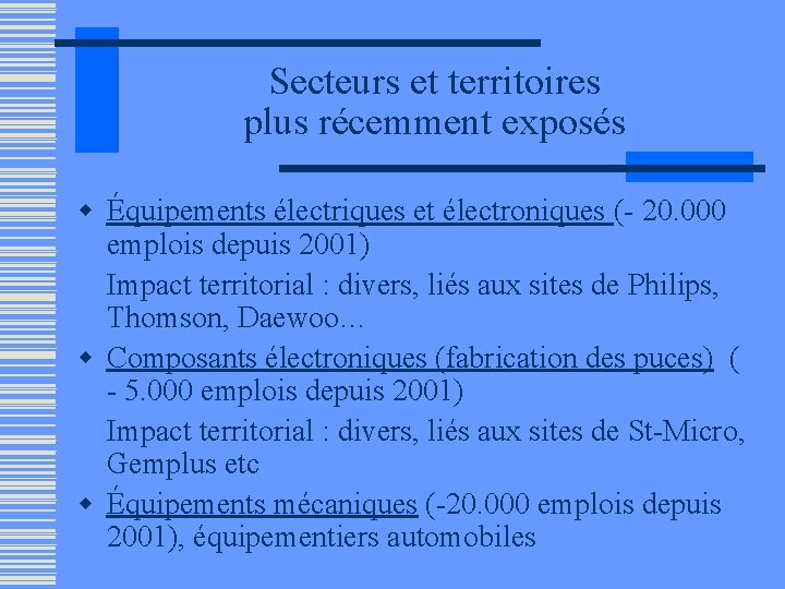 Secteurs et territoires plus récemment exposés w Équipements électriques et électroniques (- 20. 000