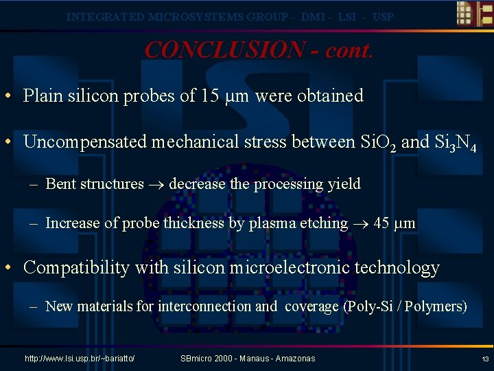 INTEGRATED MICROSYSTEMS GROUP - DMI - LSI - USP CONCLUSION - cont. • Plain