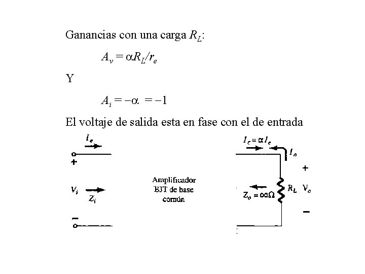 Ganancias con una carga RL: Av = a. RL/re Y Ai = -a =