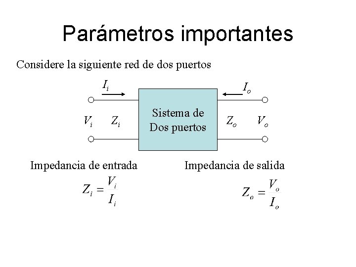 Parámetros importantes Considere la siguiente red de dos puertos Ii Vi Io Zi Impedancia