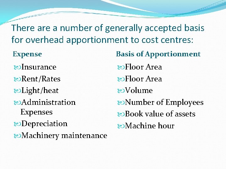 There a number of generally accepted basis for overhead apportionment to cost centres: Expense