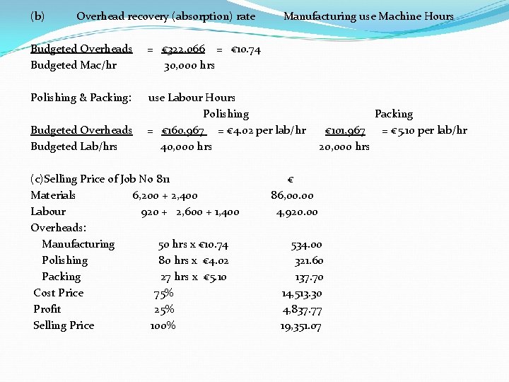 (b) Overhead recovery (absorption) rate Manufacturing use Machine Hours Budgeted Overheads Budgeted Mac/hr =