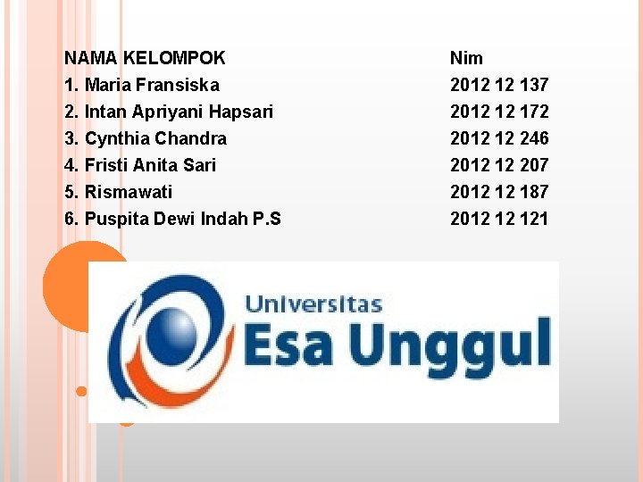 NAMA KELOMPOK 1. Maria Fransiska Nim 2012 12 137 2. Intan Apriyani Hapsari 3.