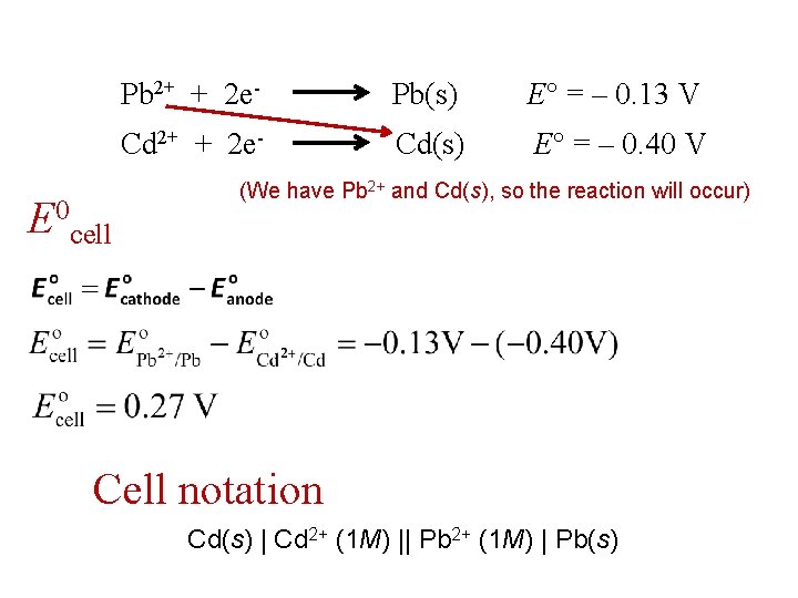 E 0 cell Pb 2+ + 2 e- Pb(s) E = ‒ 0. 13