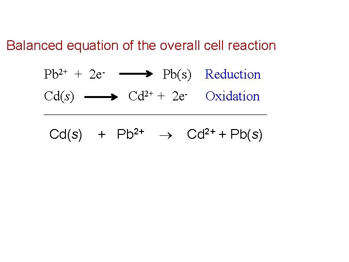 Balanced equation of the overall cell reaction Pb 2+ + 2 e. Cd(s) Pb(s)