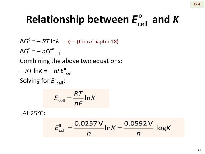 19. 4 Relationship between and K ΔGo = ‒ RT ln. K (from Chapter